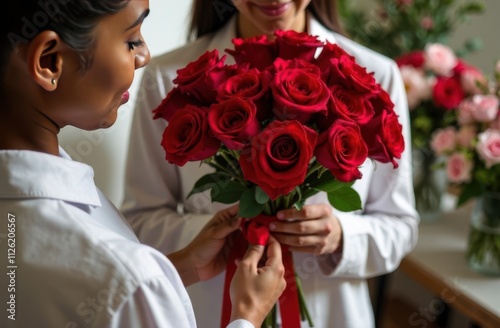 Hands of African American florist girl with bouquet of red roses with red ribbon, florist shop in background