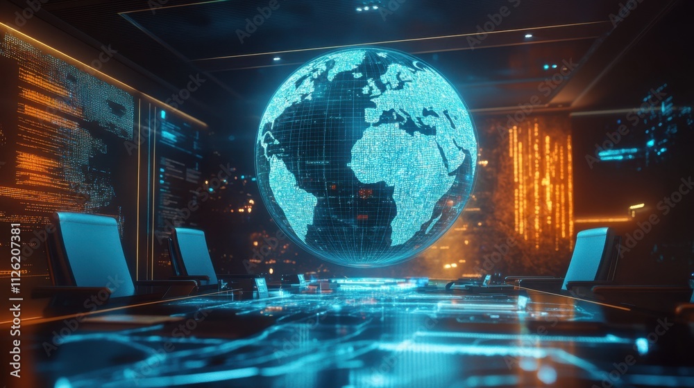 An AR globe display projects data streams, creating a futuristic conference room for global discussions and engagement An AR globe display projects data streams, creating a futuristic conference room for global discussions and engagement