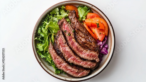 Grilled cup rump beef meat steak in plate with vegetable salad