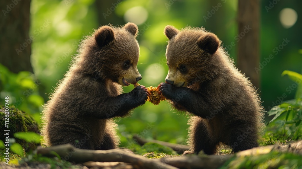 Obraz premium Two Adorable Brown Bear Cubs Sharing a Snack in the Forest