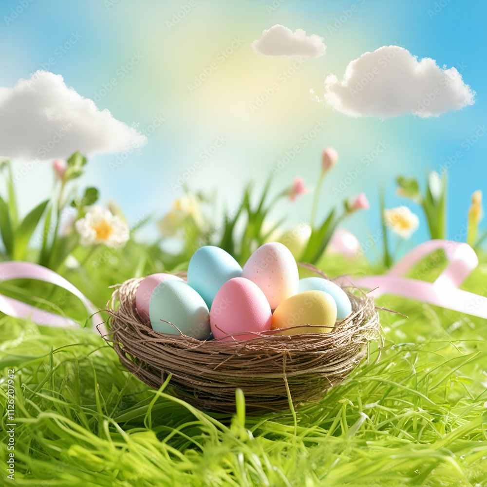 Easter eggs in a woven basket hidden in the green spring grass ai genrative Easter eggs in a woven basket hidden in the green spring grass ai genrative