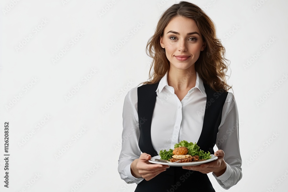 A woman is holding a plate of food and smiling A woman is holding a plate of food and smiling