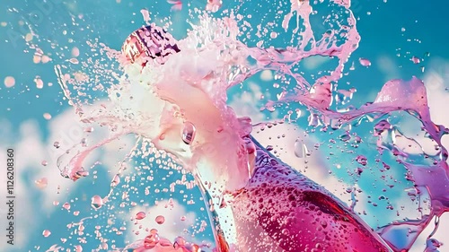 Vibrant pink drink splashing in motion against a bright background.