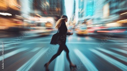 business woman hurry up and running in business city street for rush hour as motion blur