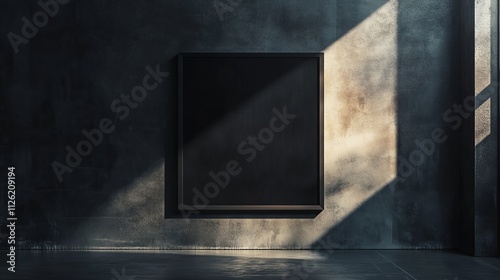 dark gallery wall with square black frame and passepartout with light rays seen from an angle