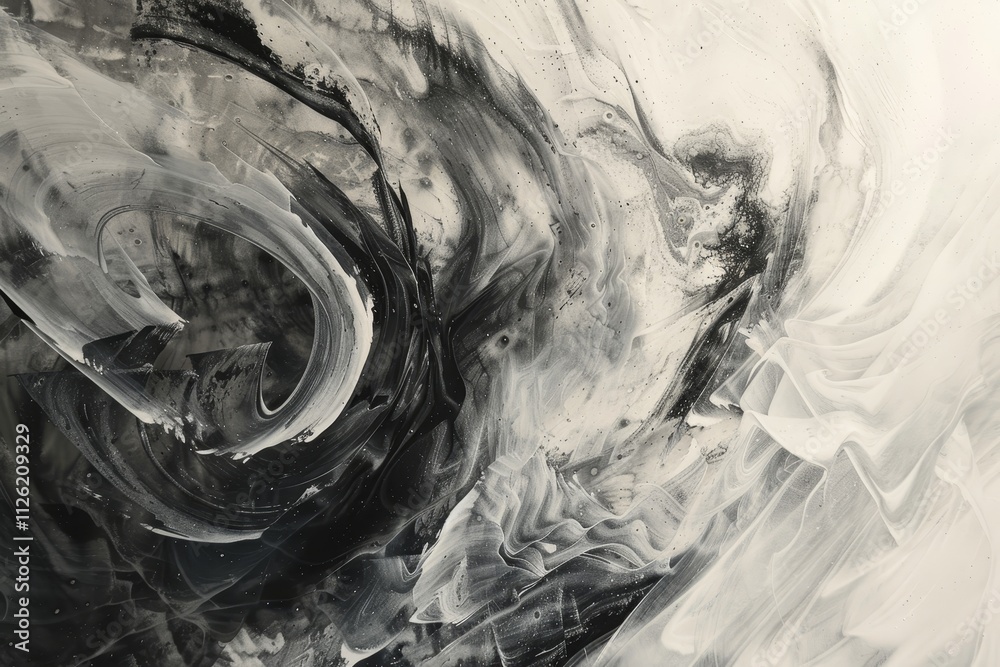 Contrasting shades of black and white blend together in swirling patterns, evoking a sense of fluid movement and dynamic energy in abstract artistry. Contrasting shades of black and white blend together in swirling patterns, evoking a sense of fluid movement and dynamic energy in abstract artistry.