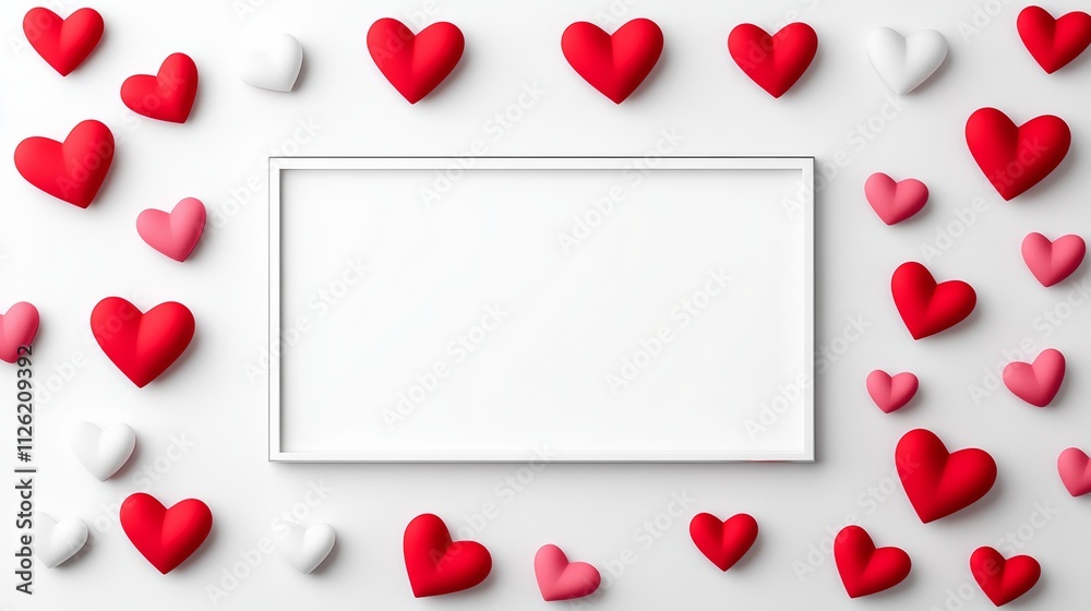 White frame with a red heart in the middle surrounded by many red hearts. The frame is empty, and the heart is the main focus of the image. Concept of love and warmth White frame with a red heart in the middle surrounded by many red hearts. The frame is empty, and the heart is the main focus of the image. Concept of love and warmth