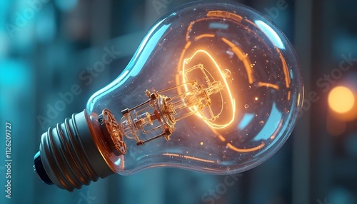 A close-up look at an ingeniously designed light bulb. The visualization of the technical device inside the transparent glass casing is very interesting. The internal wiring, circuits and other techni photo