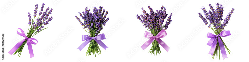 Fototapeta premium Lavender bouquets tied with satin ribbons in various colors and styles