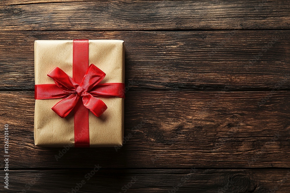 Weihnachtsgeschenk mit roter Schleife auf rustikalem Holztisch Weihnachtsgeschenk mit roter Schleife auf rustikalem Holztisch