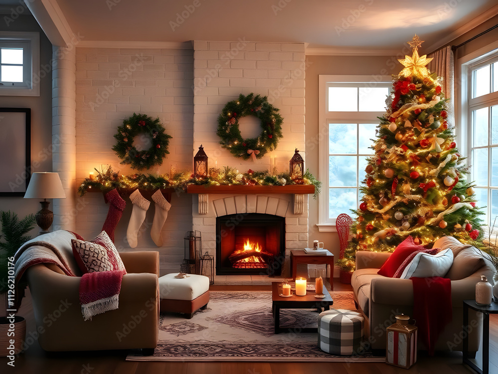 A warm and inviting winter living room adorned for Christmas, featuring a cozy fireplace and a beautifully decorated Christmas tree. A warm and inviting winter living room adorned for Christmas, featuring a cozy fireplace and a beautifully decorated Christmas tree.