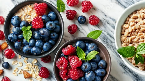 Fresh blueberries and raspberries in bowls with mint leaves.