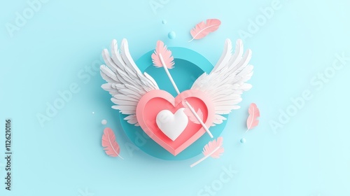 A single heart pierced by Cupid arrow, with soft, feathered wings fluttering around it, representing the sudden and passionate feeling of falling in love. photo