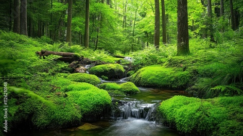 Dense forest with a small stream, vibrant green moss and ferns covering the ground 