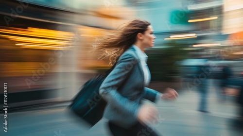 business woman hurry up and running in business city street for rush hour as motion blur