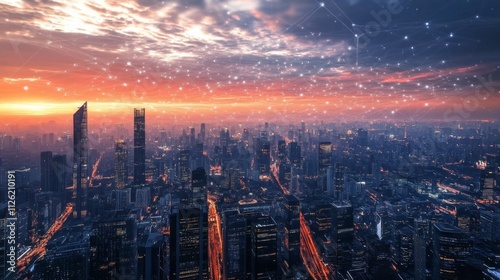 Wallpaper Mural Sunset cityscape with vibrant hues, dense buildings, and interconnected network creating modernity and connectivity. Torontodigital.ca