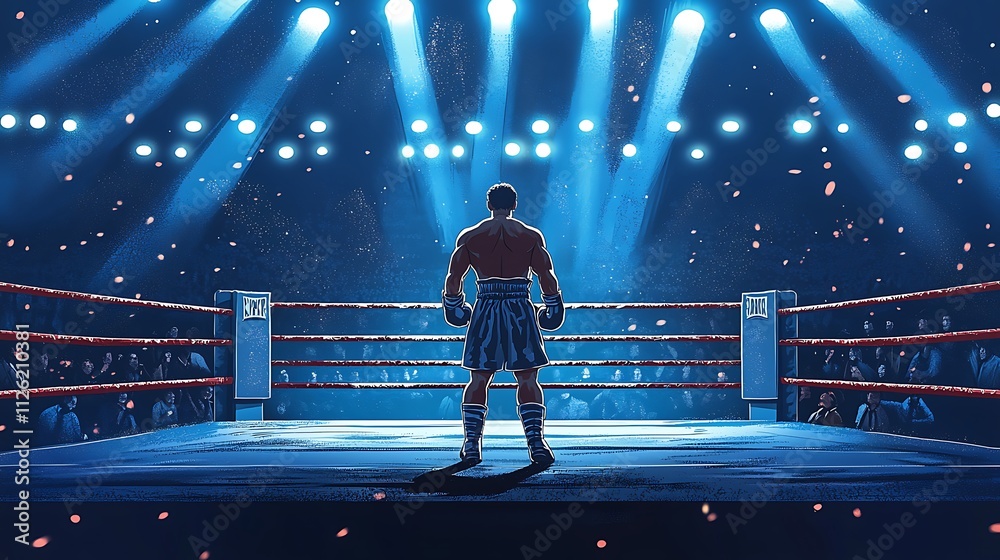 Fototapeta premium A lone boxer stands in the center of a brightly lit boxing ring, facing away from the camera, ready for the fight.