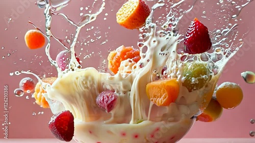  Dynamic splash of fresh fruits in creamy milk.