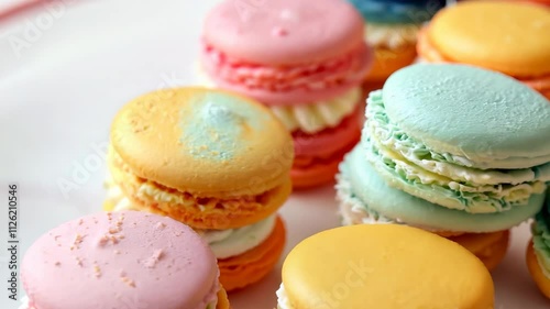 Array of vibrant macarons stacked in pastel shades.