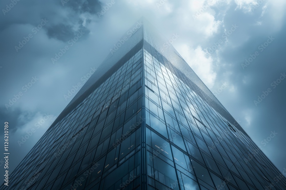 A towering skyscraper rises into the cloudy sky, its reflective glass facade capturing the surrounding atmosphere on a moody day in the city. A towering skyscraper rises into the cloudy sky, its reflective glass facade capturing the surrounding atmosphere on a moody day in the city.