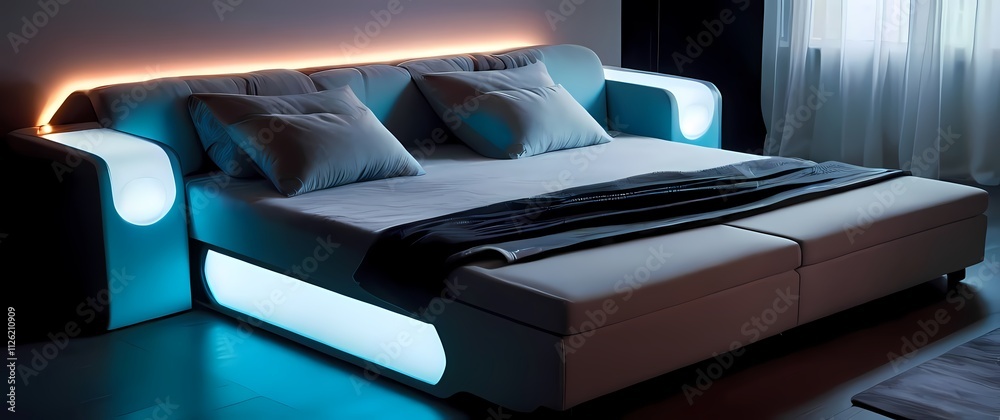 Fototapeta premium Foldable bed integrated into a stylish couch with hidden compartments for blankets and pillows