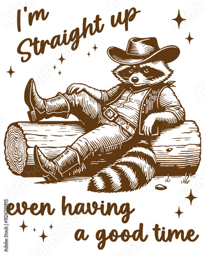 Raccoon lounging on a log, wearing a cowboy hat. Retro Meme Vintage, Funny Raccoon.