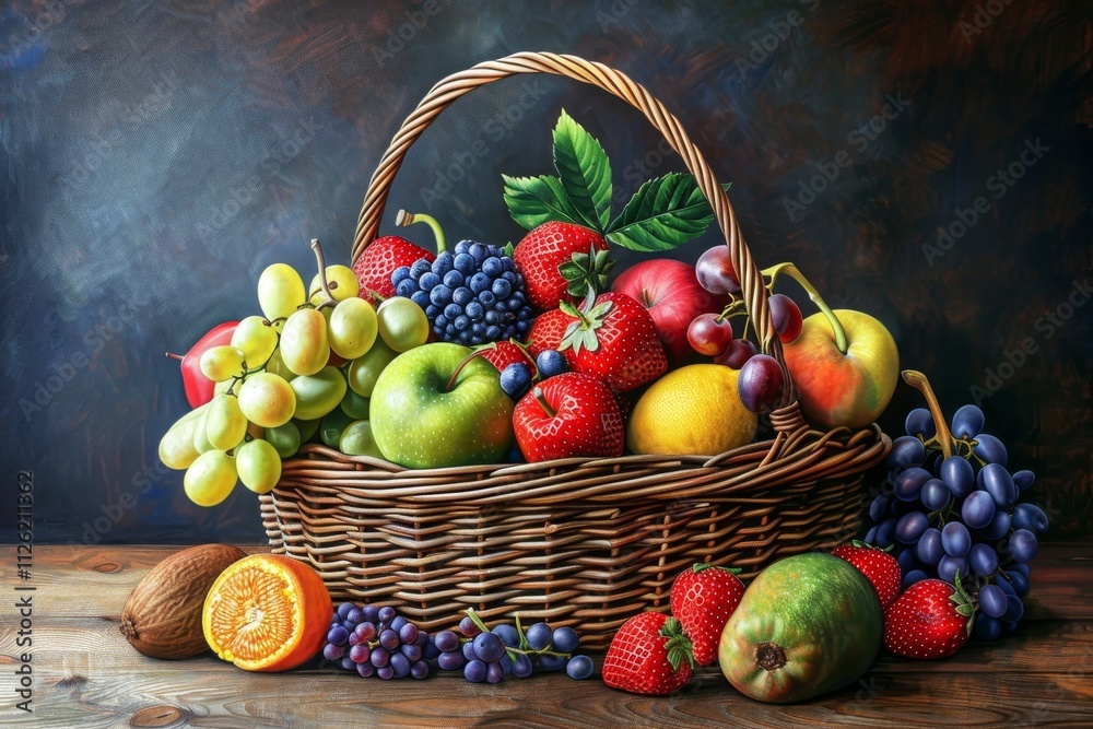 A wicker basket brimming with colorful fruits such as green and red apples, strawberries, grapes, and citrus sits on a wooden surface, creating a refreshing display. A wicker basket brimming with colorful fruits such as green and red apples, strawberries, grapes, and citrus sits on a wooden surface, creating a refreshing display.
