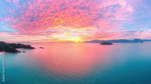 A breathtaking sunrise over a calm ocean, with vibrant hues of orange, pink, and gold painting the sky.