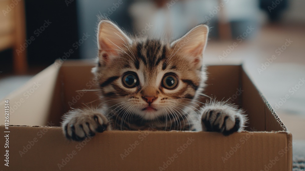 Close-up of a curious and excited kitten having fun in a cardboard box, paws in motion and playful expression. Close-up of a curious and excited kitten having fun in a cardboard box, paws in motion and playful expression.