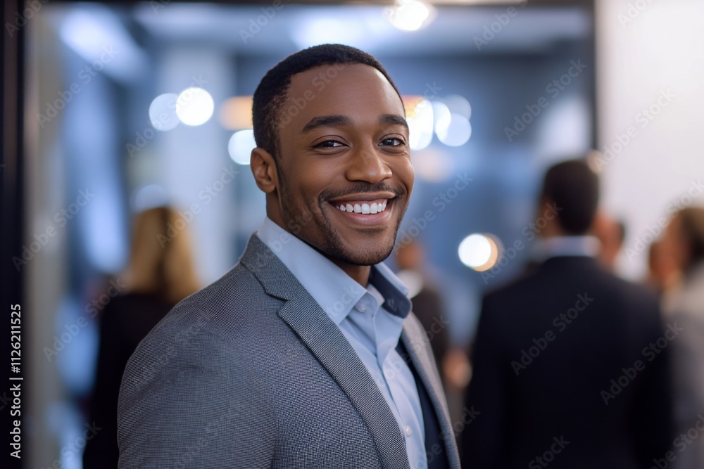 Professional Businessman Smiling Confidently at Networking Event in Modern Office Environment Professional Businessman Smiling Confidently at Networking Event in Modern Office Environment