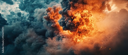 dramatic explosion with smoke and fire in the sky