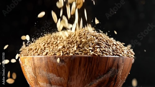 Dynamic shot of grains falling into a wooden bowl against a dark background.