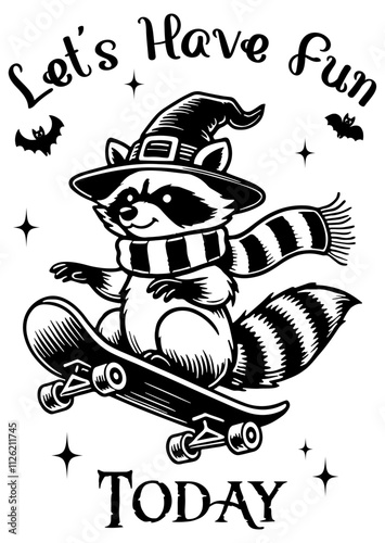 Raccoon Witch. Raccoon on Skateboard, Halloween, Retro Meme Vintage, Funny Raccoon.