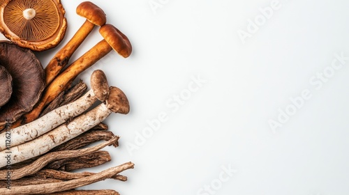 Close-up of adaptogenic mushrooms like reishi and cordyceps, isolated on a white background with space for product placement. photo