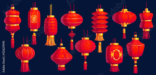 Cartoon chinese festival red lanterns, asian chinatown lamps, vector New Year hanging decoration of China, Japan and Korea. Red paper chinese lanterns with tassels, oriental gold ornaments and knots
