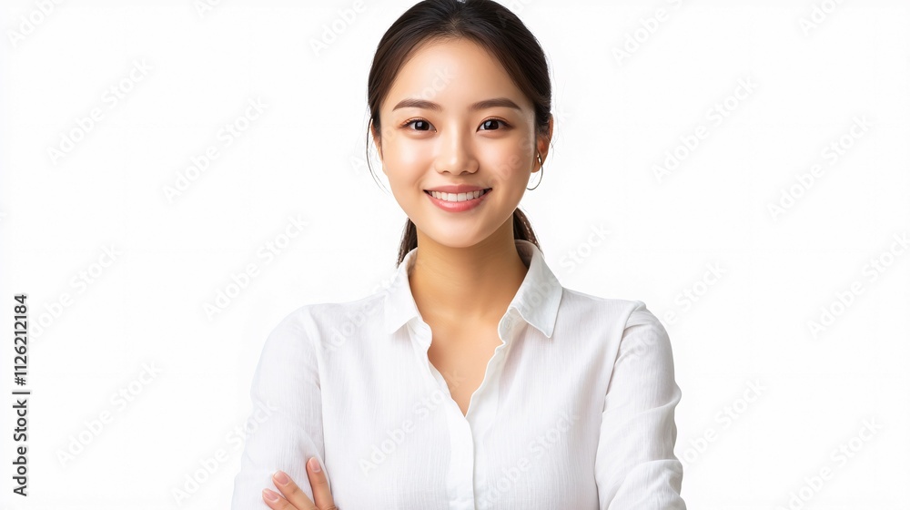 Smiling young asian woman wearing white shirt
