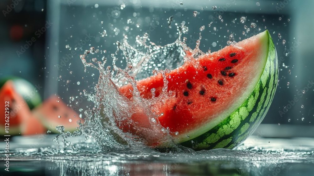 Juicy watermelon slice falling into water with splash effect and fresh, vibrant appearance against blurred blue-grey background. Juicy watermelon slice falling into water with splash effect and fresh, vibrant appearance against blurred blue-grey background.