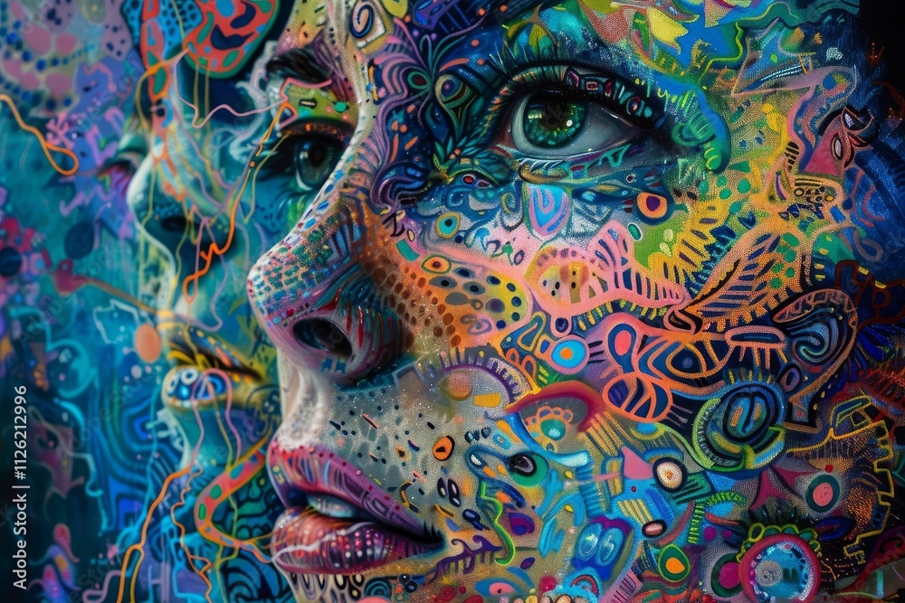 Naklejka premium This artwork features two faces merging into each other, adorned with vibrant patterns and colors that create a mesmerizing and surreal effect.