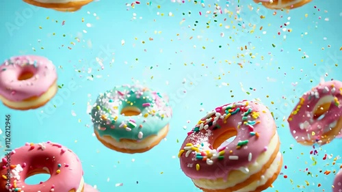 Vibrant donuts with sprinkles on a bright background.