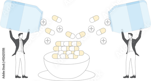 Increasing the dose of a drug, drug addiction or drug dependence, medical incentives or policies, health care costs, health care policies, businessmen keep pouring drugs into a bowl to increase the do