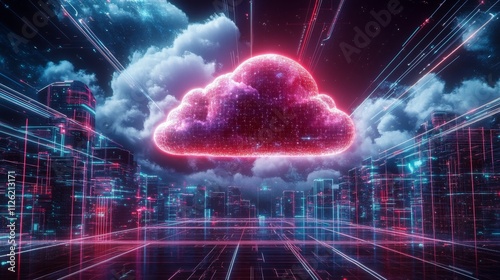 Wallpaper Mural Vibrant Futuristic Cityscape with Pink and Red Cloud, Halo of Light, Grid-like Buildings, and Technological Atmosphere Torontodigital.ca