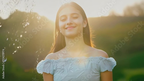 Peaceful young woman smiling outdoors at sunset.