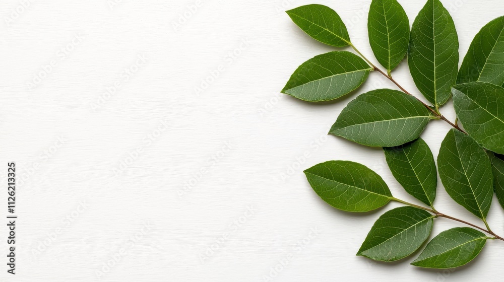 Fresh green leaves arranged artistically against a white background, creating a calm and natural aesthetic.