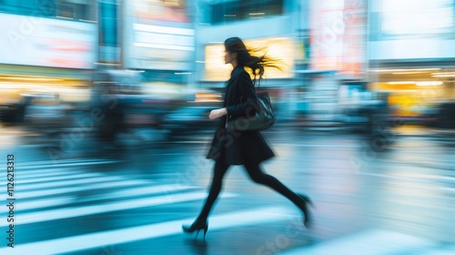 business woman hurry up and running in business city street for rush hour as motion blur