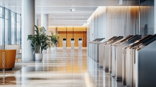 Bright office lobby with a row of security gates featuring advanced card reader systems photo