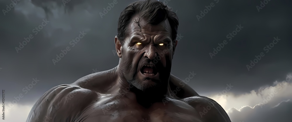 Obraz premium Oilpainting of Goliath his imposing and cruel face captured in muted browns and grays the faint glimmer of a storm brewing behind him
