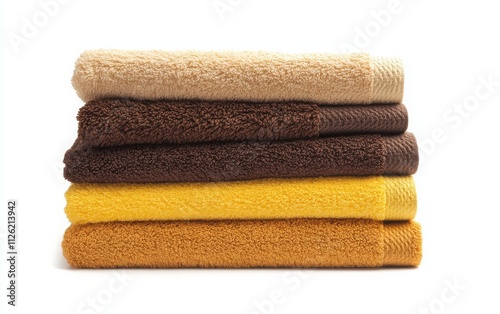 A neatly stacked pile of towels in warm shades of brown and yellow, arranged in an alternating pattern against a clean white background. 
