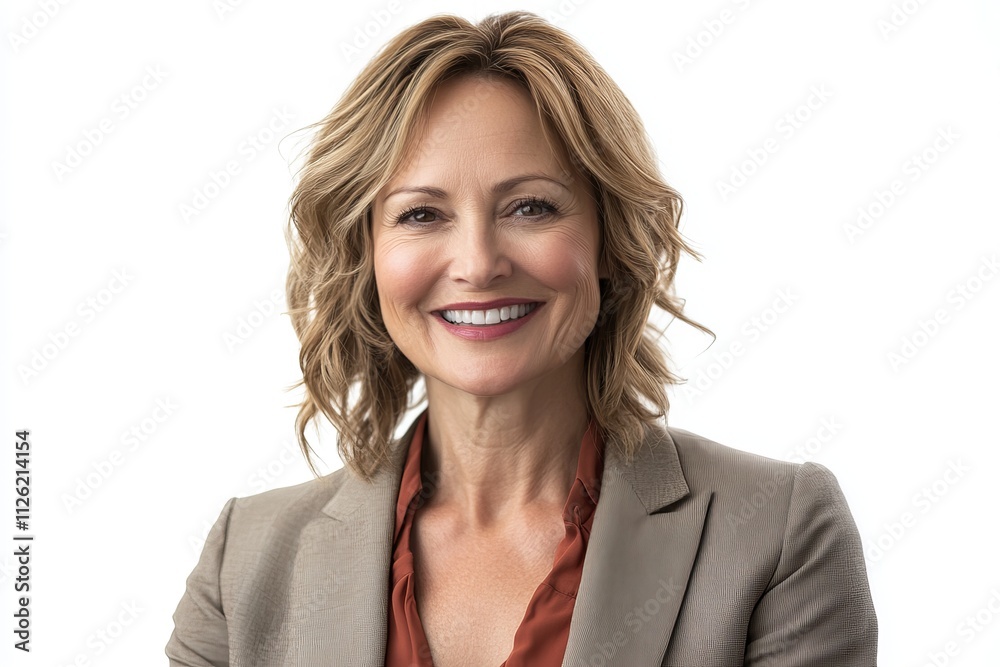 A woman with a smile on her face is wearing a suit and a red shirt A woman with a smile on her face is wearing a suit and a red shirt