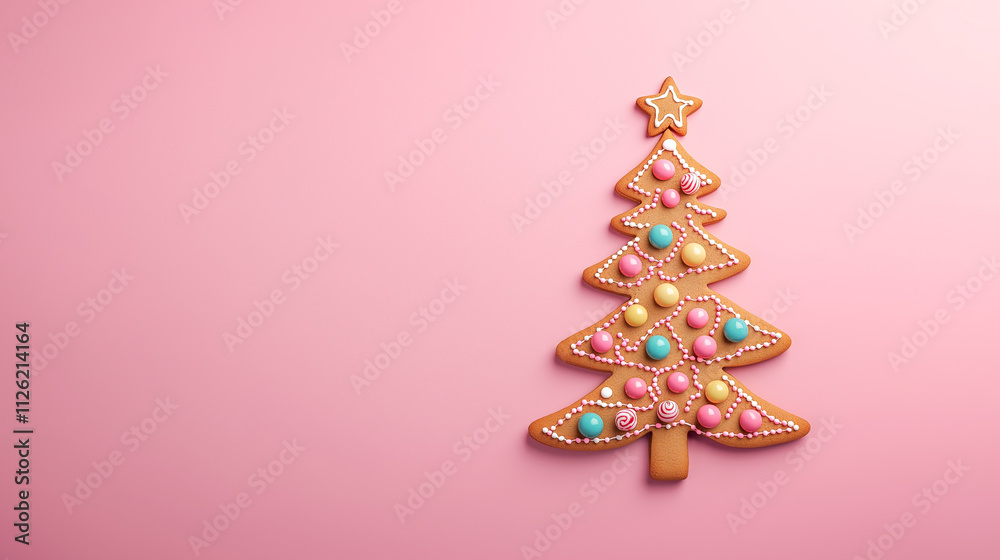 A Christmas tree made of juicy and sweet gingerbread cookies of various colors and sizes, set against a solid soft pink background, in the spirit of the New Year A Christmas tree made of juicy and sweet gingerbread cookies of various colors and sizes, set against a solid soft pink background, in the spirit of the New Year