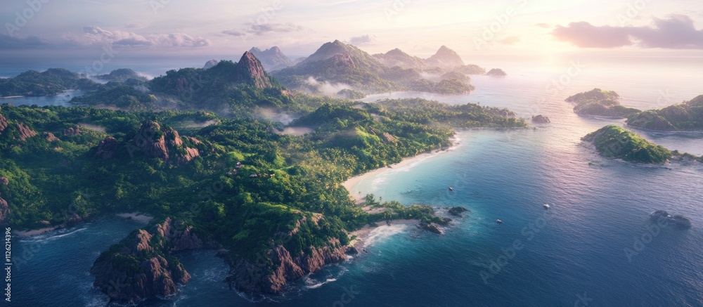 Tropical island paradise at sunrise, aerial view of lush green islands, white sand beaches, and turquoise ocean. Tropical island paradise at sunrise, aerial view of lush green islands, white sand beaches, and turquoise ocean.